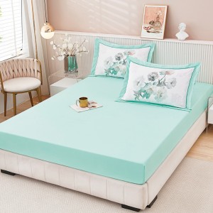 Cearsaf cu elastic, FINET, 160x200cm, UNI + 2 fete de perne 50x70cm, cu Model Floral, Aqua