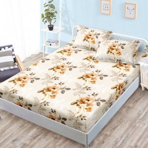 Cearsaf cu elastic, Bumbac FINET, 160x200cm, 2 fete de perne 50x70cm, Bej, Flori