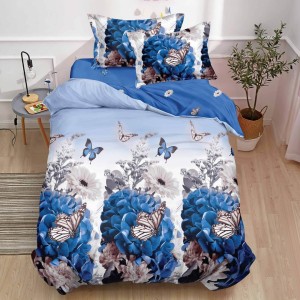 Lenjerie pat 1 PERSOANA,  FINET, 4 piese, cu ELASTIC, Albastru, fluturi, flori