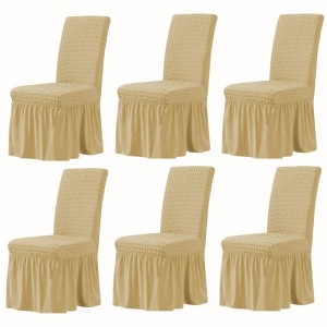 Set 6 Huse Elastice si Creponate Cu Volanase pentru Scaune, bej Set 6 Huse Elastice si Creponate Cu Volanase pentru Scaune, bej