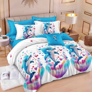 Lenjerie pat dublu,  FINET, 6 piese, cu ELASTIC, Alb, Bleu, delfini