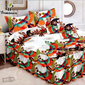 Lenjerie Premium Pat Dublu  FINET, 6 Piese – Volănașe Sofisticate, Fixare Perfectă cu Elastic, Alb, Multicolor, Papagali