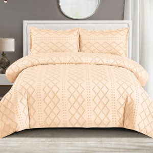 Lenjerie de Pat Premium, Bumbac Finet, Smocuri Brodate, 4 Piese, cu ELASTIC, Nesifonabilă și Durabilă, Elegance, Bej deschis