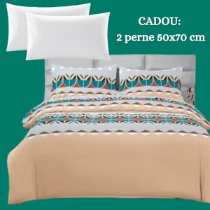 Lenjerie de Pat 4 Piese din Bumbac Satinat cu Cearșaf cu Elastic + 2 Perne Cadou 50x70 cm, cod INS-LSG152