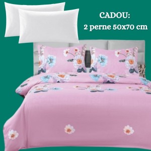 Lenjerie de Pat 4 Piese din Bumbac Satinat cu Cearșaf cu Elastic + 2 Perne Cadou 50x70 cm, cod INS-LSG156