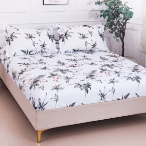 Cearșaf cu Elastic 180x200 cm + 2 Fețe de Pernă 50x70 cm, Alb, Frunze Gri