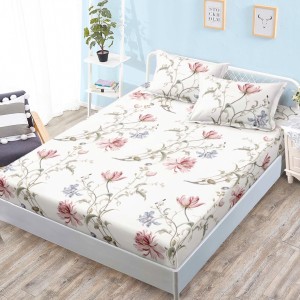 Cearsaf cu elastic, Bumbac FINET, 160x200cm, 2 fete de perne 50x70cm, Bej, Flori