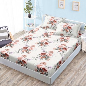 Cearsaf cu elastic, Bumbac FINET, 160x200cm, 2 fete de perne 50x70cm, Bej, Flori