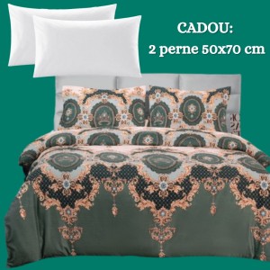 Lenjerie de Pat 4 Piese din Bumbac Satinat cu Cearșaf cu Elastic + 2 Perne Cadou 50x70 cm, cod INS-LSG151