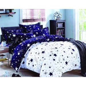 Lenjerie pat dublu, bumbac satinat, cu doua feţe, 4 piese,  Alb, Bleumarin, ploaie de stele