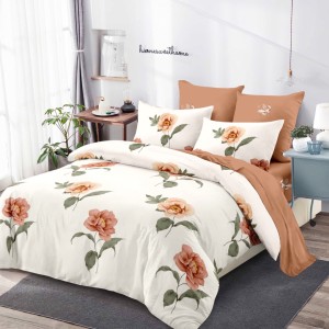 Lenjerie pat dublu,  FINET, cu elastic, 6 piese, Crem, Maro, Flori