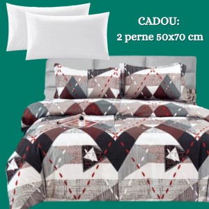 Lenjerie de Pat 4 Piese din Bumbac Satinat cu Cearșaf cu Elastic + 2 Perne Cadou 50x70 cm, cod INS-LSG163