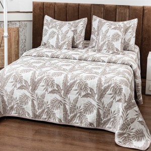 Cuvertură Pat Dublu, Bumbac cu In, Model Brodat Direct în Tesătură, 230x250 cm, 2 fete de perna 52x72cm, 2 fete de perna 46x46cm, Alb, Bej, Frunze