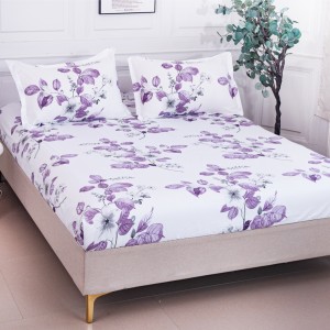 Cearșaf cu Elastic 180x200 cm + 2 Fețe de Pernă 50x70 cm, Alb, Flori cu Frunze Mov