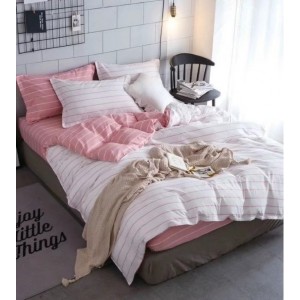 Lenjerie pat dublu, bumbac satinat, cu doua feţe, 4 piese,  Alb, Roz, dungi