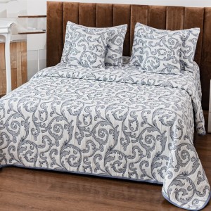 Cuvertură Pat Dublu, Bumbac cu In, Model Brodat Direct în Tesătură, 230x250 cm, 2 fete de perna 52x72cm, 2 fete de perna 46x46cm, Alb, Albastru, Model Tribal