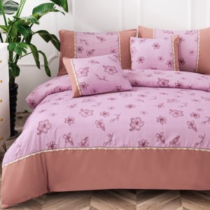 Lenjerie Pat Dublu,  Finet Satinat, CEARSAF CU ELASTIC, 6 piese, Roz, Flori