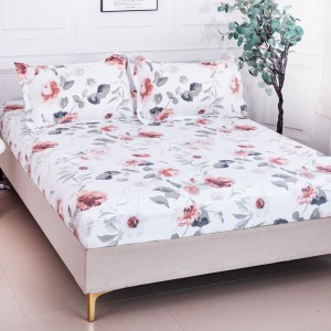 Cearșaf cu Elastic 180x200 cm + 2 Fețe de Pernă 50x70 cm, Alb, Flori si Frunze