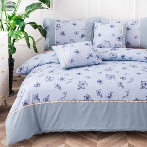 Lenjerie Pat Dublu,  Finet Satinat, CEARSAF CU ELASTIC, 6 piese, Bleu, Flori