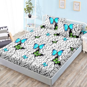 Cearsaf cu elastic, Bumbac FINET, 160x200cm, 2 fete de perne 50x70cm, Gri, Fluturi pe Pietre