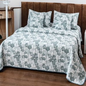 Cuvertură Pat Dublu, Bumbac cu In, Model Brodat Direct în Tesătură, 230x250 cm, 2 fete de perna 52x72cm, 2 fete de perna 46x46cm, Alb, Verde, Flori