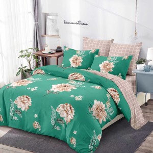 Lenjerie pat dublu,  FINET, cu elastic, 6 piese, Turquoise, Bej, Flori