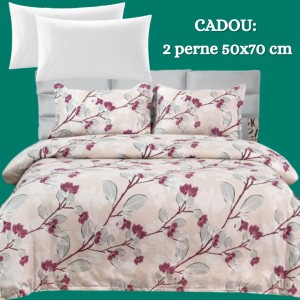Lenjerie de Pat 4 Piese din Bumbac Satinat cu Cearșaf cu Elastic + 2 Perne Cadou 50x70 cm, cod INS-LSG173