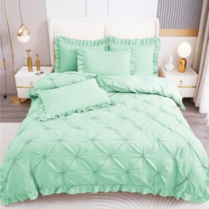 Lenjerie de Pat Premium, Bumbac Finet, Pliuri Brodate cu Volanase, 4 Piese, Nesifonabilă și Durabilă, Verde Menta