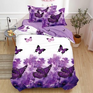 Lenjerie pat 1 PERSOANA, FINET, 4 piese, Alb, Mov, fluturi