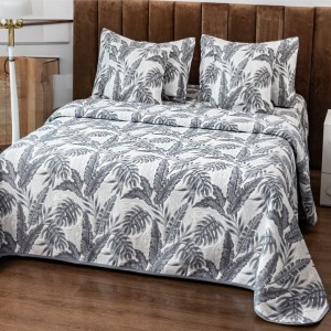 Cuvertură Pat Dublu, Bumbac cu In, Model Brodat Direct în Tesătură, 230x250 cm, 2 fete de perna 52x72cm, 2 fete de perna 46x46cm, Alb, Gri, Frunze