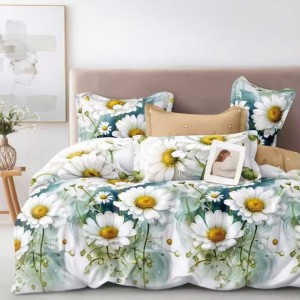 Lenjerie Pat Dublu,  FINET, 6 piese, Alb, Verde, Flori de Musetel