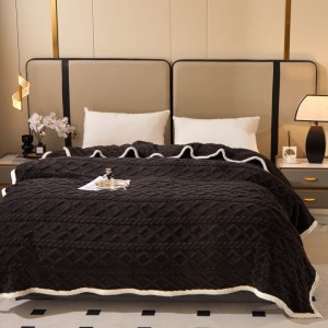 Pătură Premium, 200x230cm, CoCoLiNo, Grofată, cu Model 3D Tip Tricotaj și Bordură din Blăniță Contrastantă – Eleganță și Căldură Absolută, Negru
