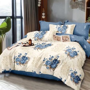 Lenjerie Pat Dublu,  FINET, 6 piese, Crem, Bleu, Buchete de Flori