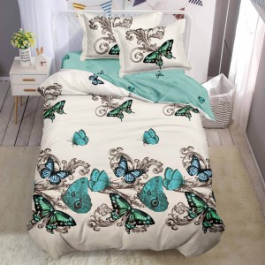 Lenjerie pat 1 PERSOANA,  FINET, 4 piese, cu ELASTIC, Turcuaz, fluturi