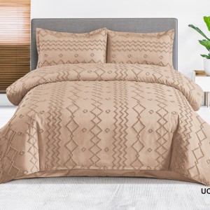 Lenjerie de Pat Premium, Bumbac Finet, Smocuri Brodate, 4 Piese, Nesifonabilă și Durabilă, Zig-Zag, Cappuccino