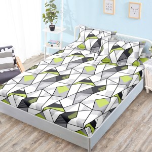 Cearsaf cu elastic, Bumbac FINET, 160x200cm, 2 fete de perne 50x70cm, Gri, Verde, Forme Geometrice