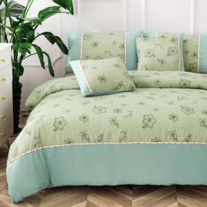 Lenjerie Pat Dublu,  Finet Satinat, CEARSAF CU ELASTIC, 6 piese, Verde, Flori