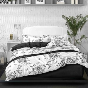 Lenjerie Pat Dublu,  FINET, 6 piese, Alb, Negru, flori