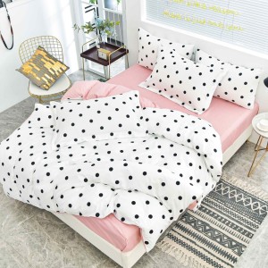 Lenjerie pat dublu cu doua feţe, bumbac satinat, 4 piese,  Alb, Roz, buline