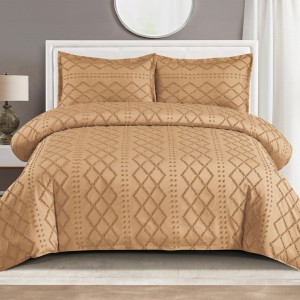 Lenjerie de Pat Premium, Bumbac Finet, Smocuri Brodate, 4 Piese, cu ELASTIC, Nesifonabilă și Durabilă, Elegance, Bej inchis