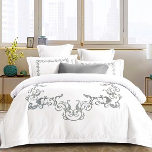 Lenjerie pat dublu, Primăvara,  FINET, Cearsaf cu Elastic 180x200cm, 4 piese, Alb, Gri, model elegant clasic - Lux Absolut, Delicatețe și Eleganță Desăvârșită