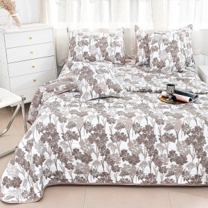 Cuvertură Pat Dublu, Bumbac cu In, Model Brodat Direct în Tesătură, 230x250 cm, 2 fete de perna 52x72cm, 2 fete de perna 46x46cm, Alb, Maro, Flori