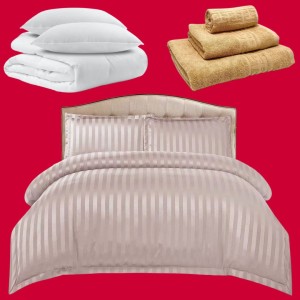 Pachetul Hotel EXPERIENCE: Lenjerie Pat Dublu, 4 piese din Damasc Finetat + Pilota 200x230cm + 2 Perne 50x70cm + 3 Prosoape din Bumbac, AT-111