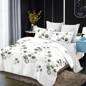Lenjerie pat dublu,  FINET, cu elastic, 6 piese, Alb, Gri, Verde, Frunze