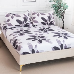 Cearșaf cu Elastic 180x200 cm + 2 Fețe de Pernă 50x70 cm, Alb, Frunze Gri