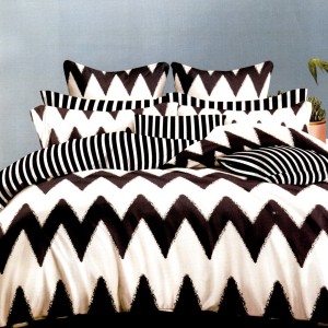 Lenjerie pat dublu, bumbac satinat, cu doua feţe, 4 piese,  Alb, Negru, Zig-Zag