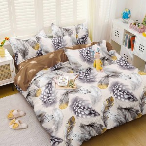 Lenjerie pat dublu, bumbac satinat,  cu elastic, Crem, pene