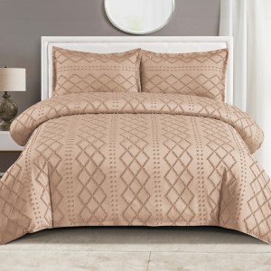 Lenjerie de Pat Premium, Bumbac Finet, Smocuri Brodate, 4 Piese, cu ELASTIC, Nesifonabilă și Durabilă, Elegance, Cappuccino