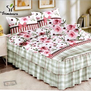 Lenjerie Premium Pat Dublu  FINET, 6 Piese – Volănașe Sofisticate, Fixare Perfectă cu Elastic, Gri, Roz, Trandafiri, Fundite