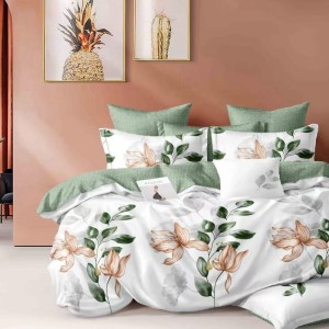 Lenjerie Pat Dublu,  FINET, 6 piese, Alb, Verde, flori